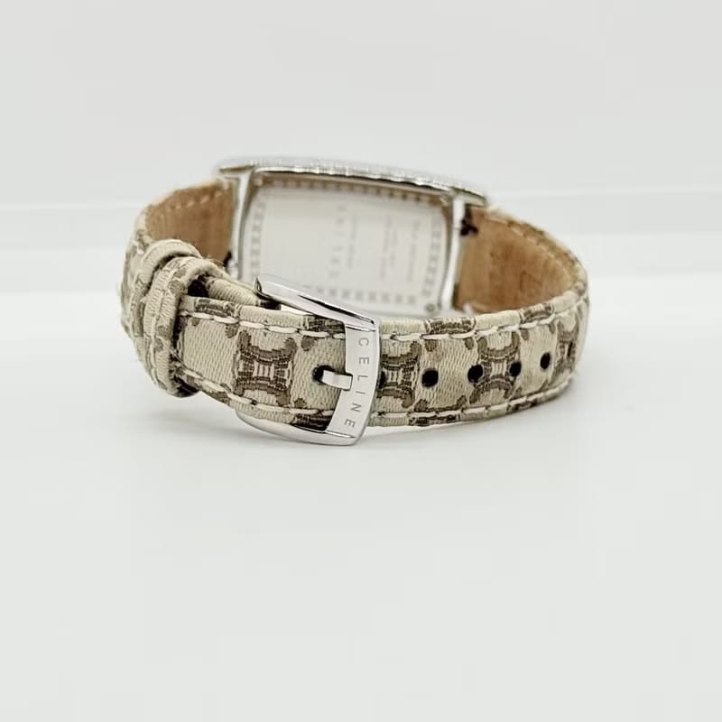 Rare item with original box - Celine Triomphe monogram watch with ecru strap / vintage watch / pre-owned women's watch
