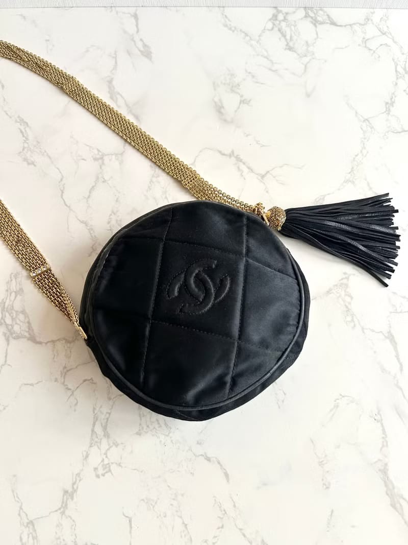 Extremely Rare Chanel Black and Gold Silk Round Bag/Crossbody Bag/Shoulder Bag