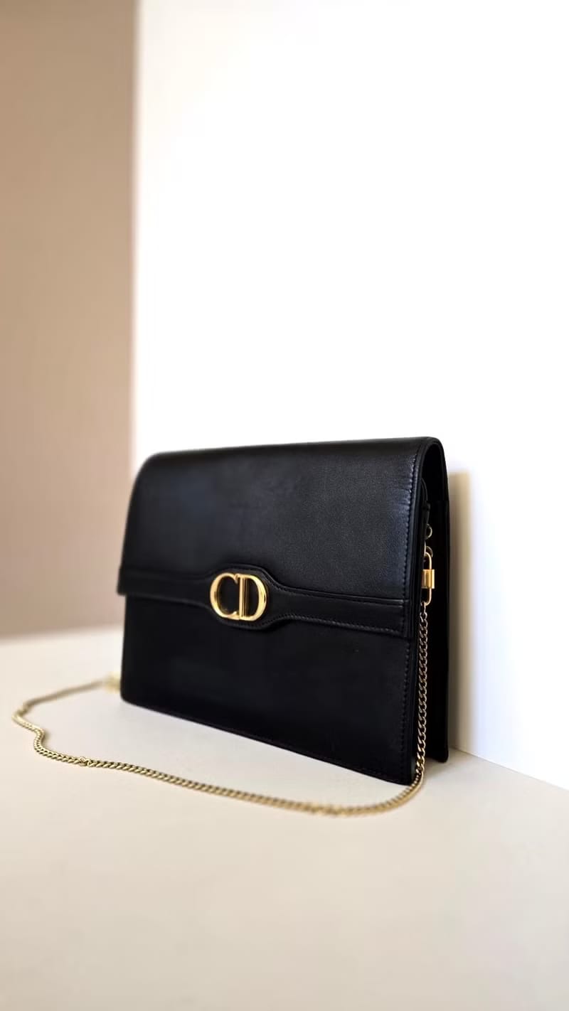 Dior 極簡黑金色Montaigne翻蓋盒子包/單肩包/側背包/斜背包