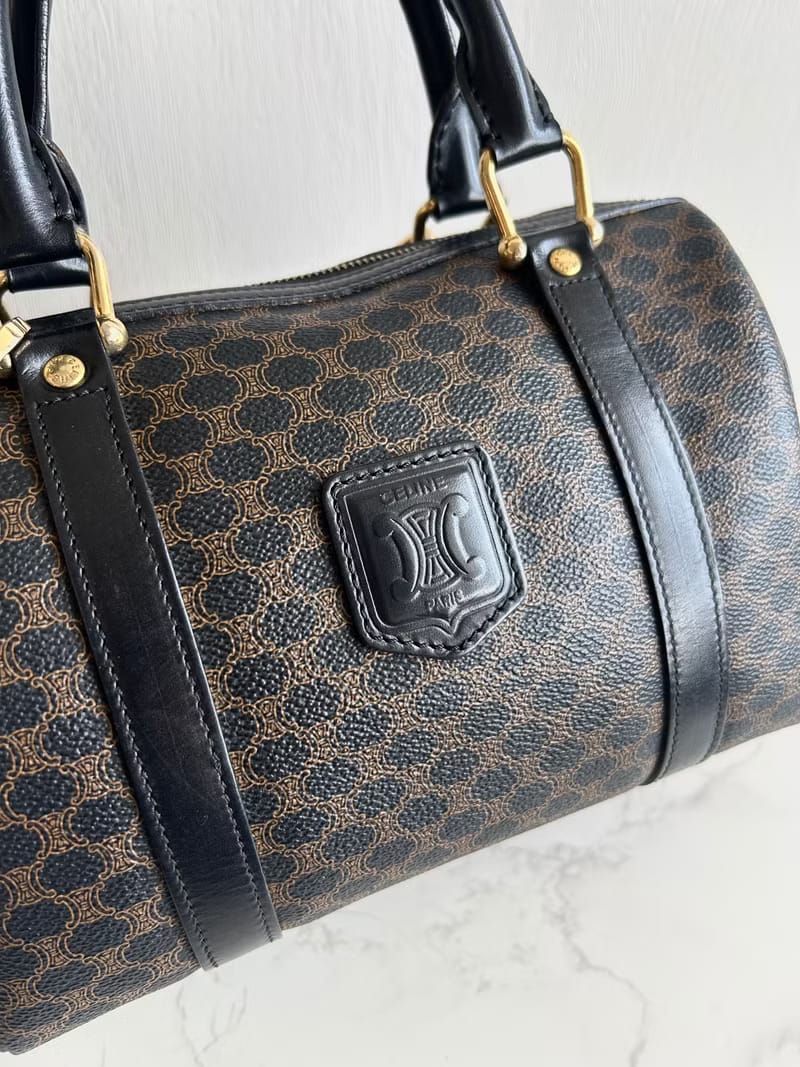 Celine Rare Black Triomphe Canvas Small Boston Bag / Shoulder Bag / Crossbody Bag