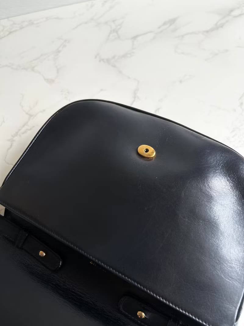 Rare Celine Black and Gold Embossed Badge Half-Moon Bag / Crossbody Bag / Shoulder Bag