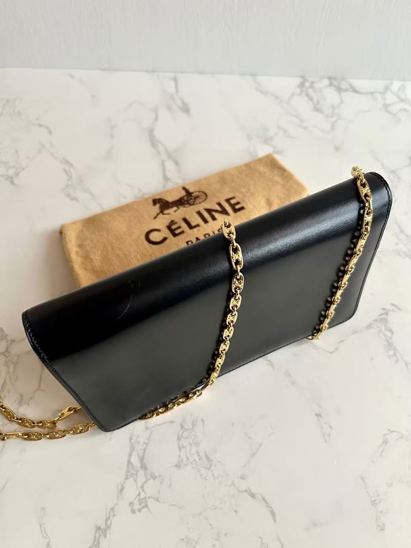 Celine Rare Black Big Planet Triomphe Bag with Triomphe Gold Chain/Shoulder Bag/Crossbody Bag
