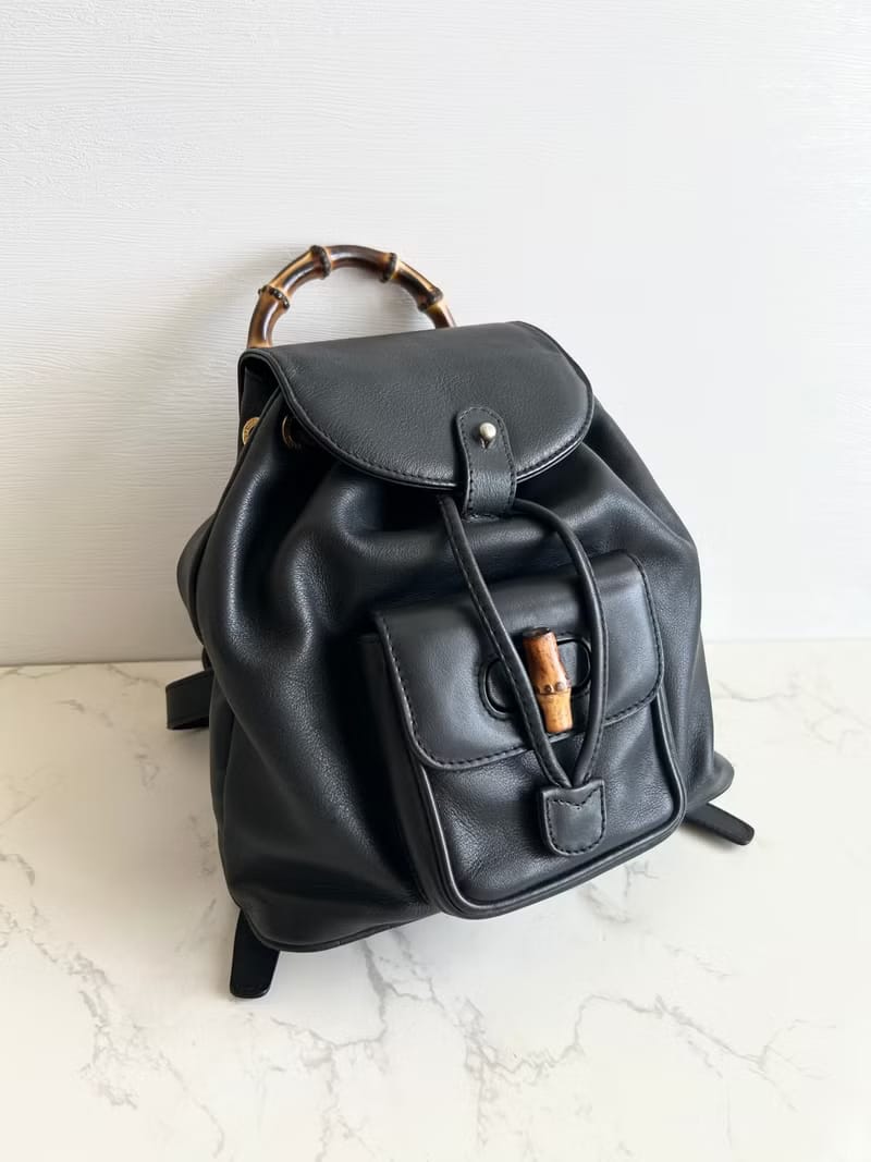 Gucci中古竹節黑色皮革後背包/背囊/雙肩包