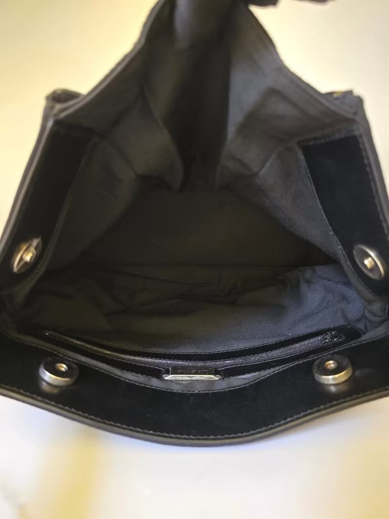 Loewe黑色銀雕刻扣拼皮流浪包/側背包/單肩包