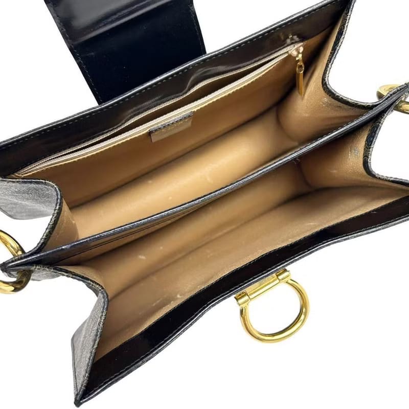 Rare Used Celine Black Macadam Horseshoe Gold Buckle Two-way Kelly/Shoulder Bag/Crossbody Bag