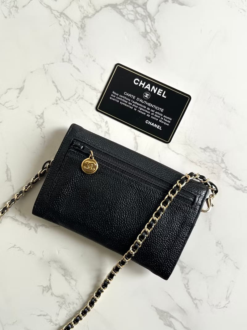 中古二手Chanel黑色魚子醬斜背包/側背包/單肩包