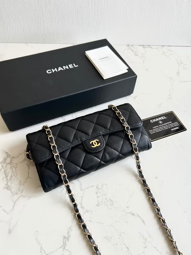 FULL SET💎Chanel Black and Gold Matelasse WOC Leather Shoulder Bag/Crossbody Bag/Wallet