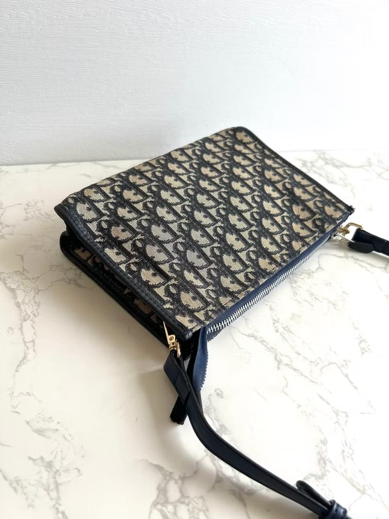 Dior藍黑色老花皮革Two-way Bag/側背包/斜背包