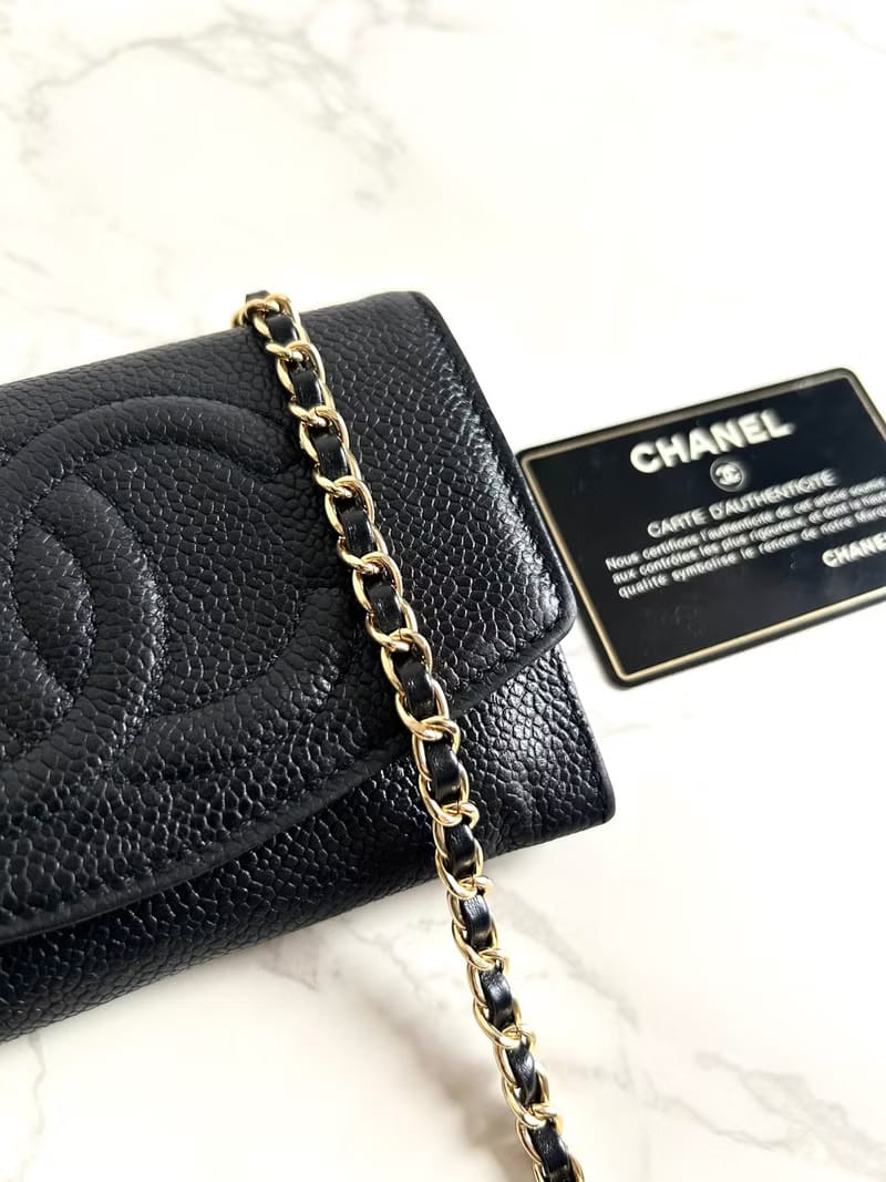 中古二手Chanel黑色魚子醬斜背包/側背包/單肩包