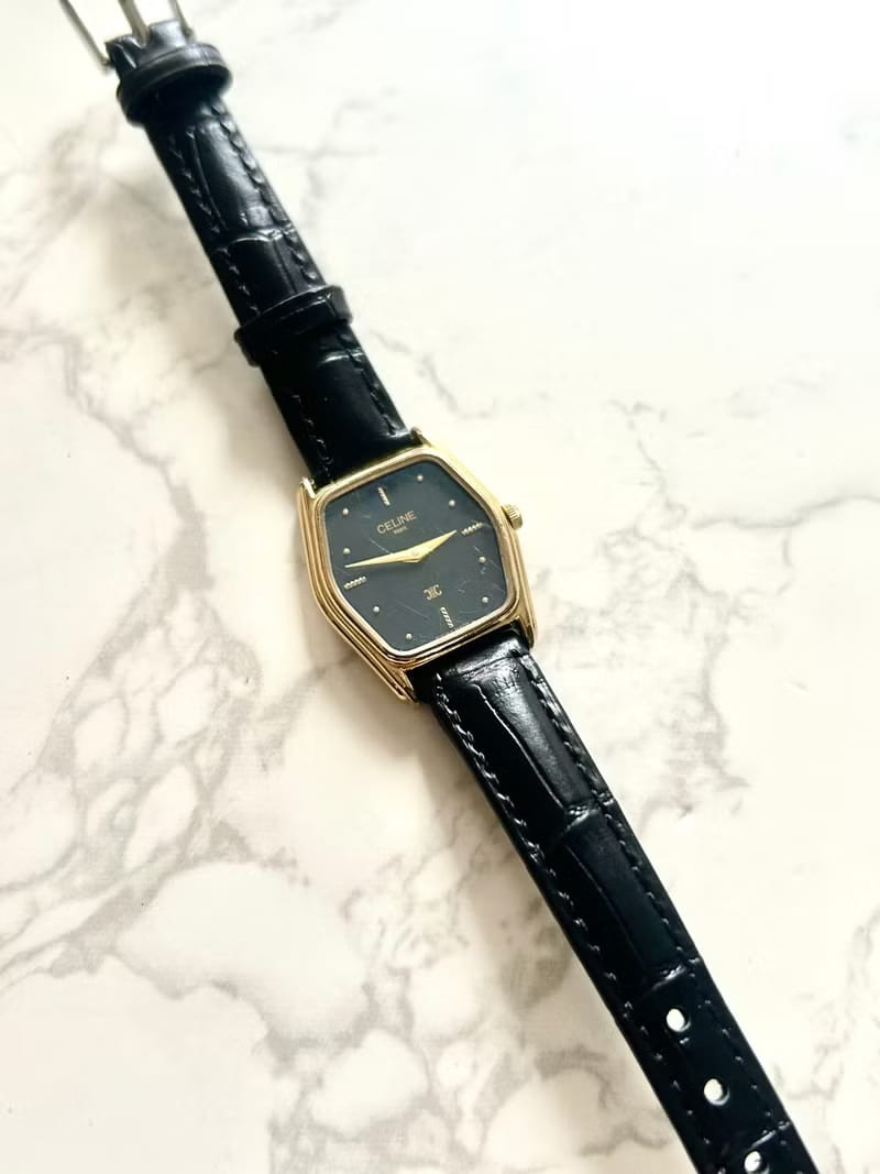 稀有品 Celine黑金Hexagon手錶/皮革帶/二手男女裝腕錶/中古錶