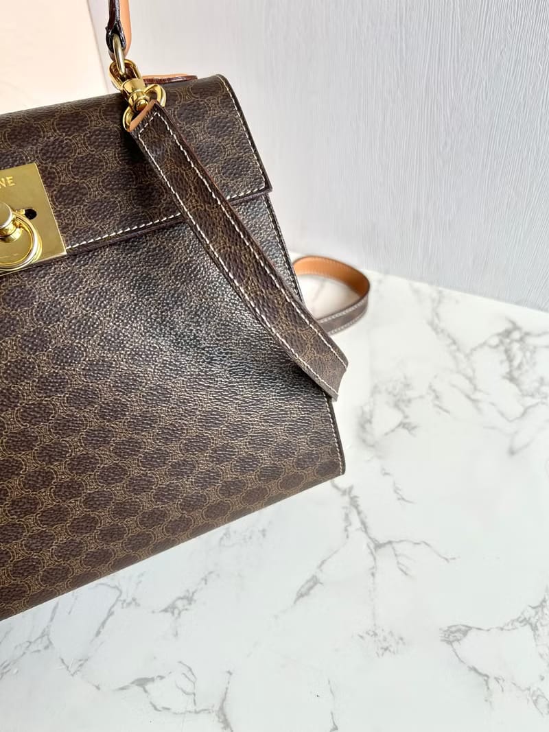 Celine coffee color old flower mini Kelly bag/shoulder bag/side bag/oblique bag