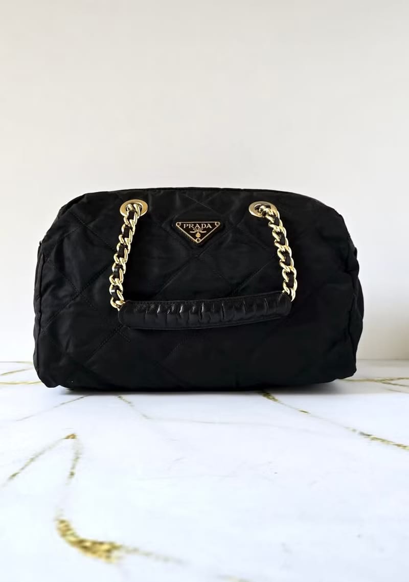 Prada黑金格紋波士頓包 旅行包 手提包