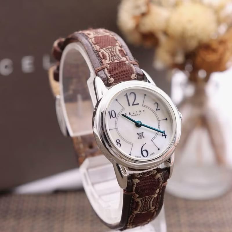Celine凱旋門老花酒紅手錶/絕版古董錶/二手女裝腕