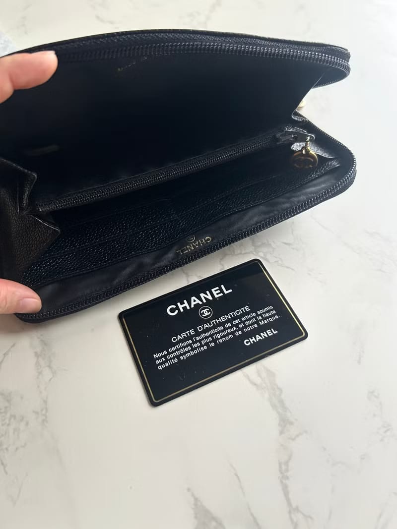 Chanel Black and Gold Caviar Leather Long Wallet/Purse/Wallet