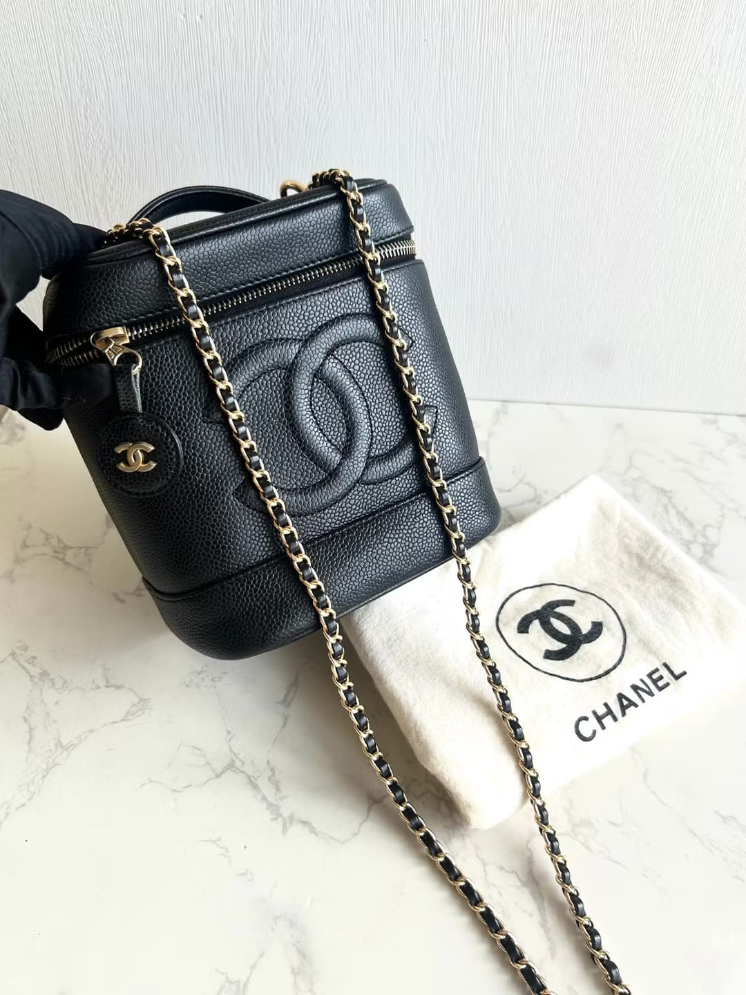 Chanel黑色魚子醬化妝盒子包/斜背包 側背包/單肩包