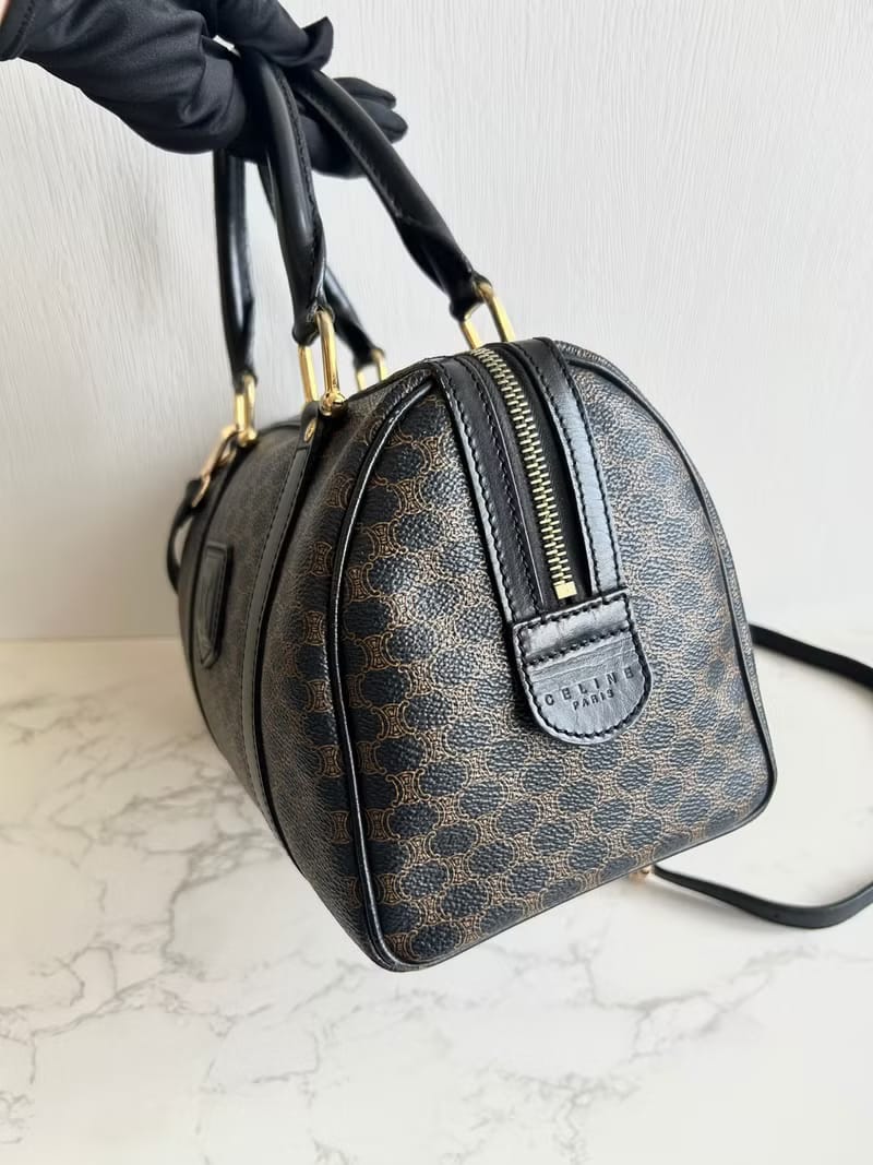 Celine Rare Black Triomphe Canvas Small Boston Bag / Shoulder Bag / Crossbody Bag