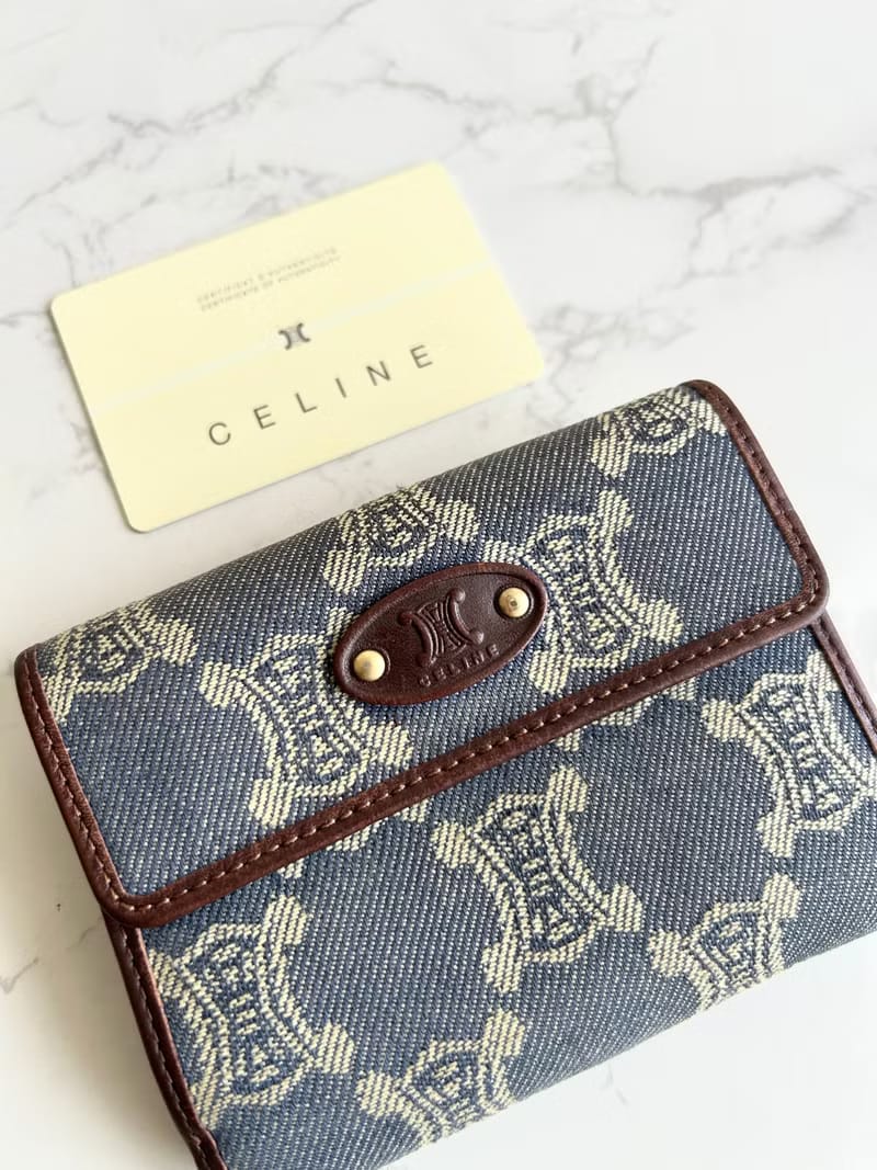 Celine 牛仔藍凱旋門短夾/銀包