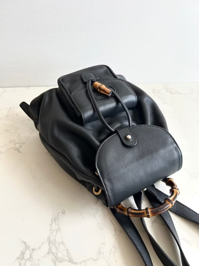 Gucci中古竹節黑色皮革後背包/背囊/雙肩包