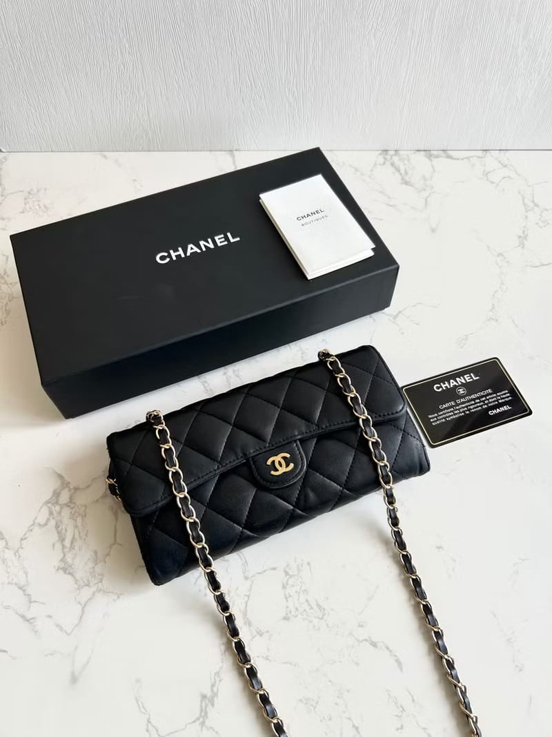 FULL SET💎Chanel Black and Gold Matelasse WOC Leather Shoulder Bag/Crossbody Bag/Wallet