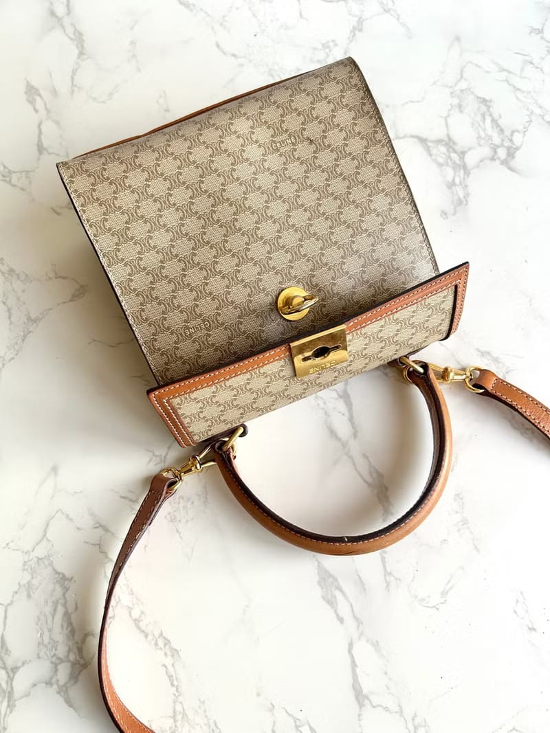 Celine米咖色老花小號凱莉斜背包/單肩包/側背包