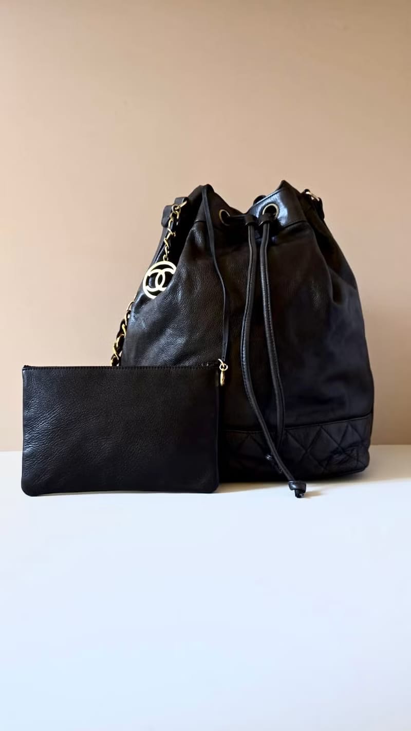 Chanel Vintage Black Full Leather Gold Chain Bucket Bag/Shoulder Bag/Crossbody Bag