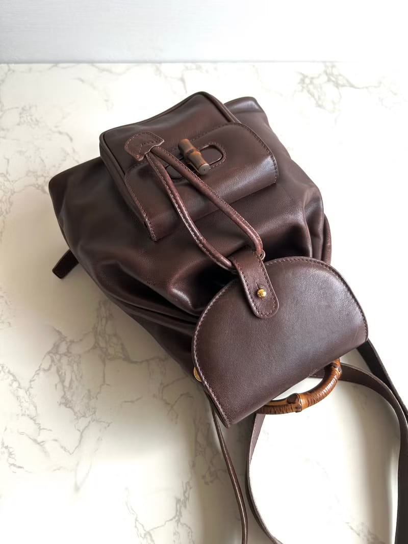 GUCCI中古二手竹節咖啡色皮革後背包/背囊/雙肩包