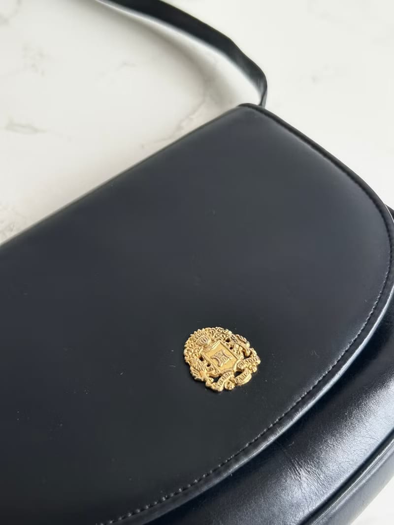 Rare Celine Black and Gold Embossed Badge Half-Moon Bag / Crossbody Bag / Shoulder Bag