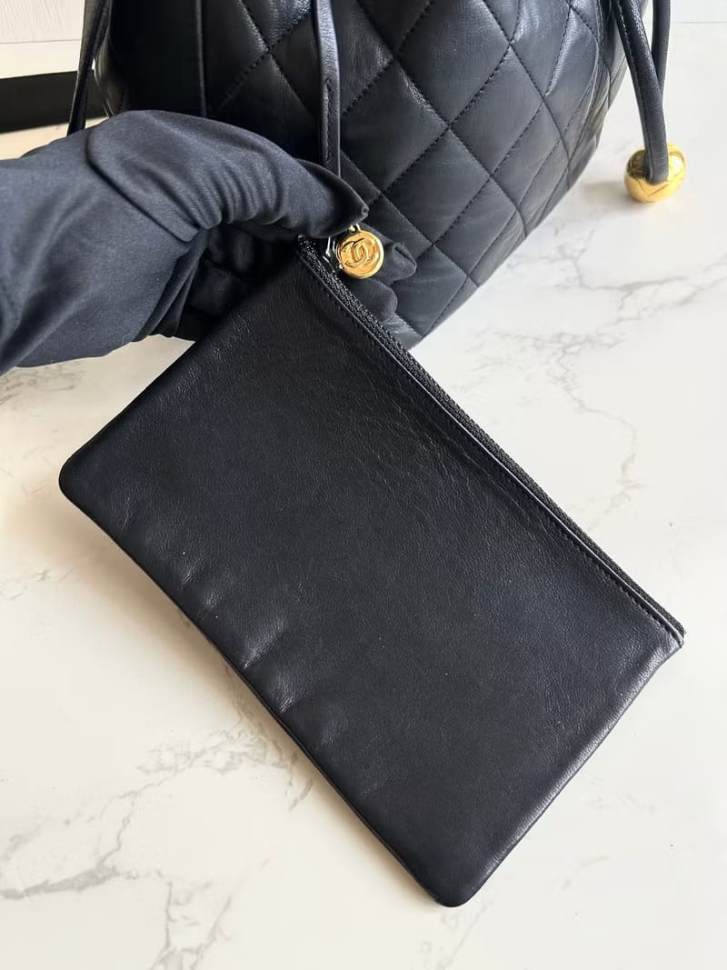 Chanel Vintage Black Gold Matelassé Bucket Bag/Shoulder Bag/Crossbody Bag (Set of Two with Pouch)