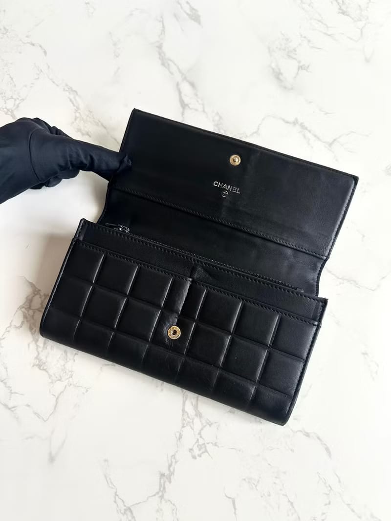 Chanel Black and Gold Ice Cube Caviar Leather Long Wallet
