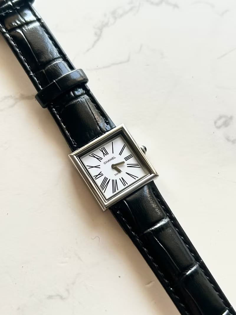 Chanel Mademoiselle Rare Black and Silver White Dial Roman Numeral Vintage Watch