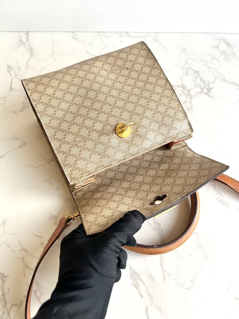 Celine米咖色老花小號凱莉斜背包/單肩包/側背包