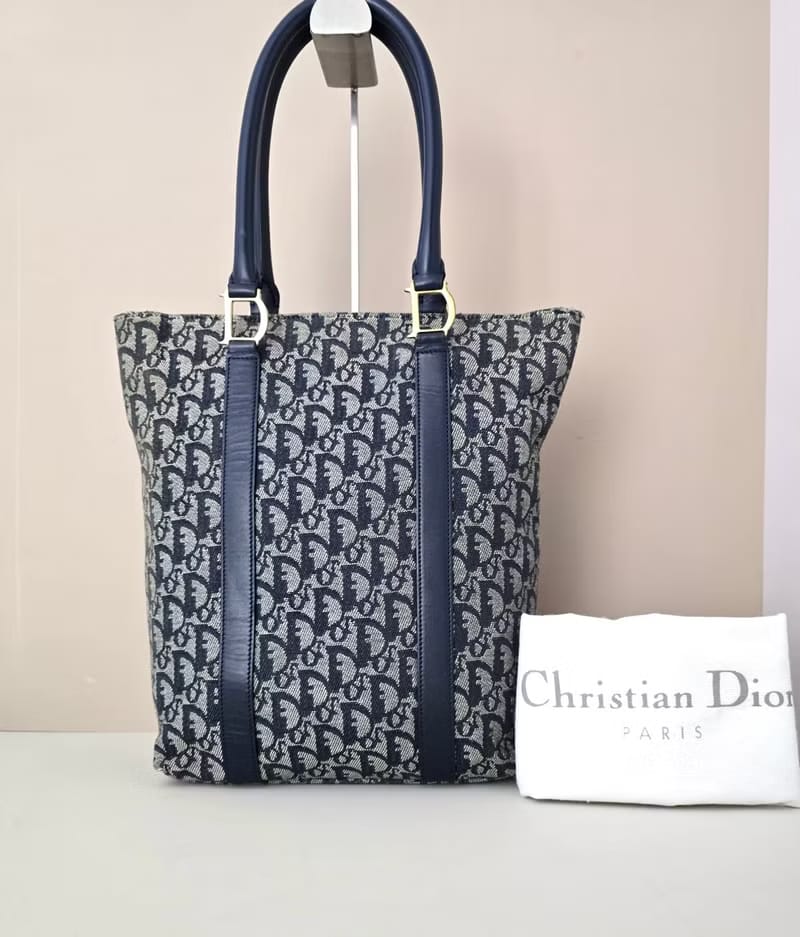 Dior藍灰色老花托特包/單肩包/側背包