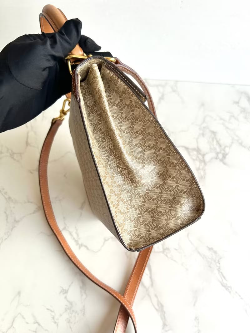 Celine米咖色老花小號凱莉斜背包/單肩包/側背包