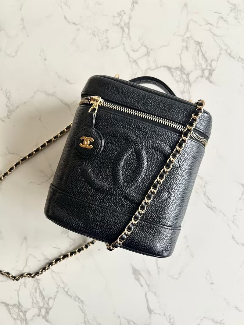 Chanel黑色魚子醬化妝盒子包/斜背包/側背包/單肩包