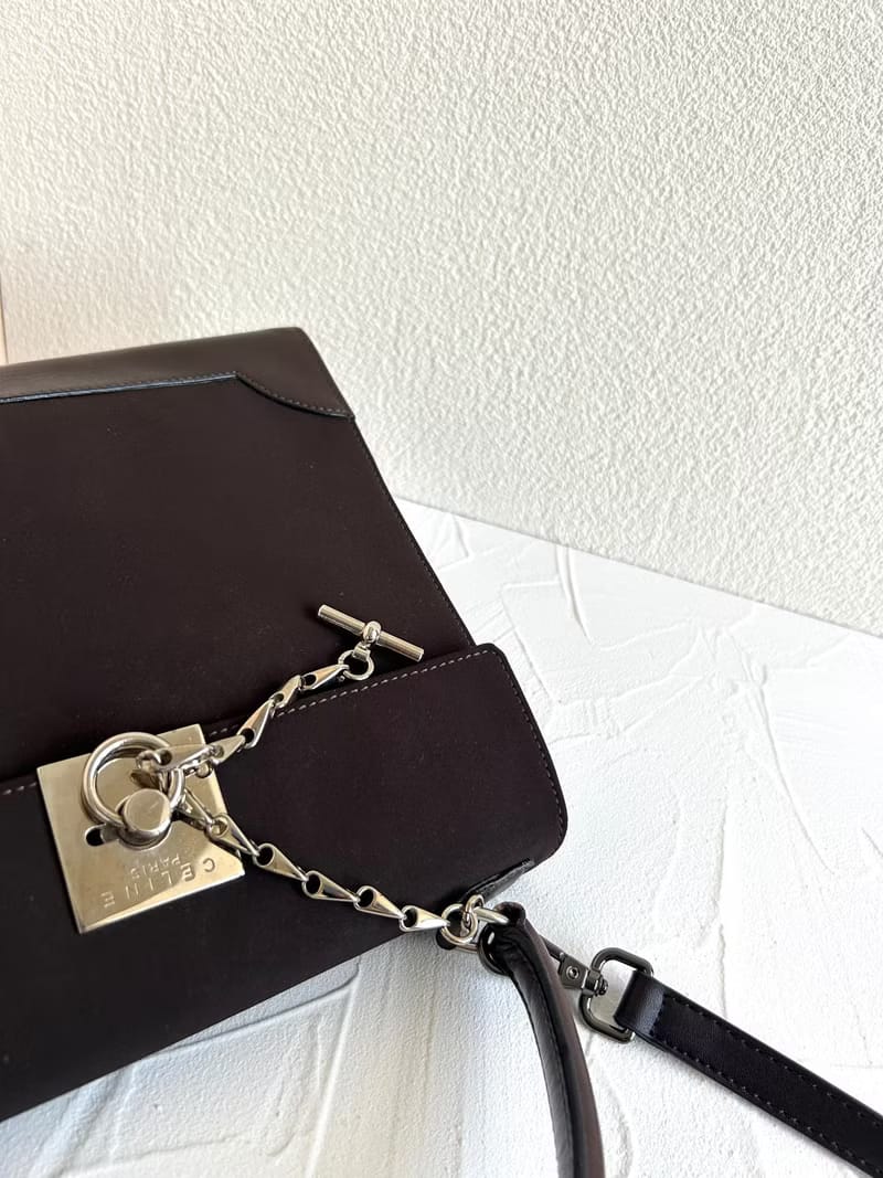 稀有中古二手Celine咖啡色銀吊鏈小凱莉皮革斜背包/側背包/單肩包/手提包