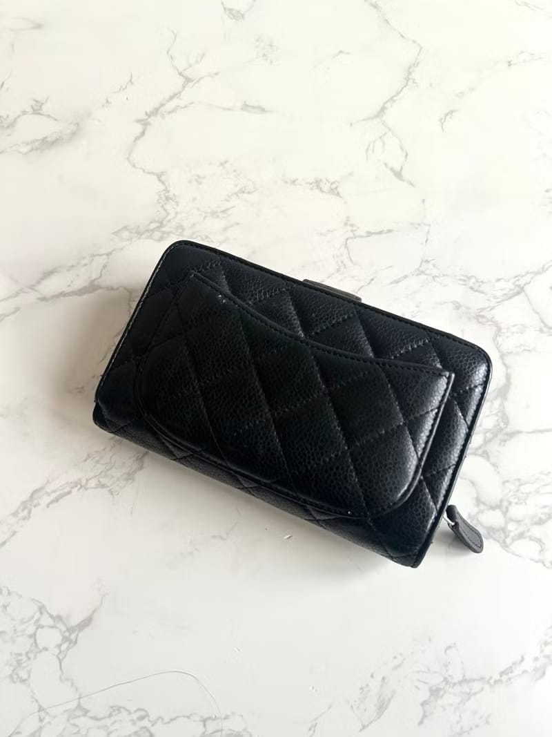 Chanel黑銀扣魚子醬皮革中夾/錢包/皮夾/卡片/零錢包