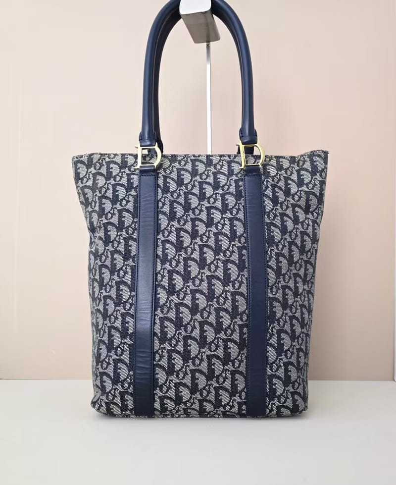 Dior藍灰色老花托特包/單肩包/側背包
