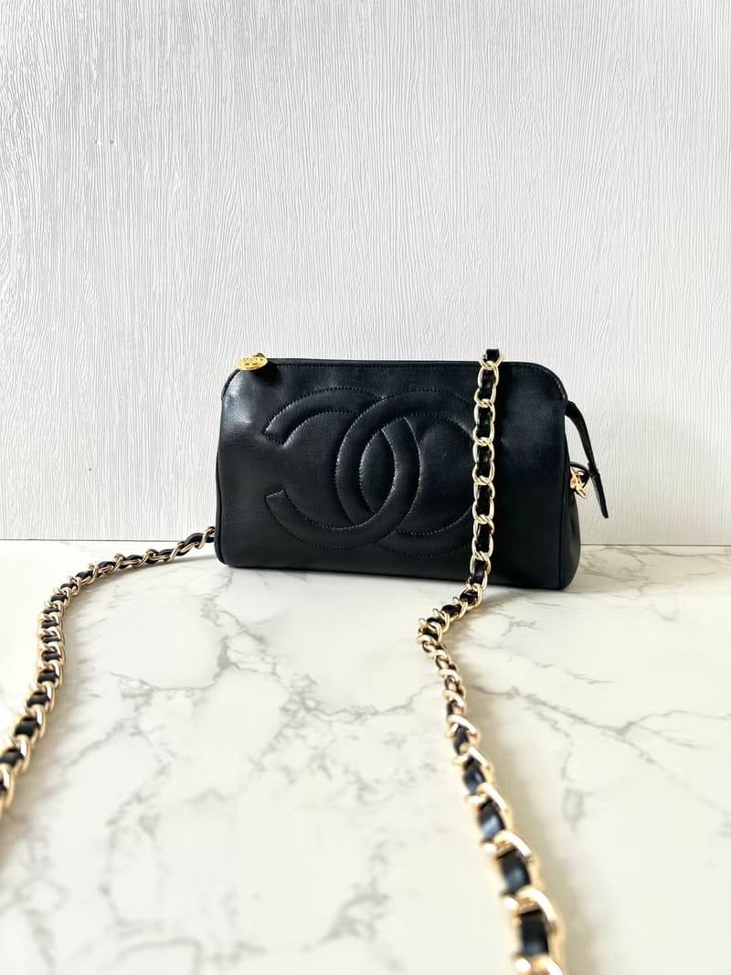 Chanel黑色小羊皮革斜背包/單肩包/側背包