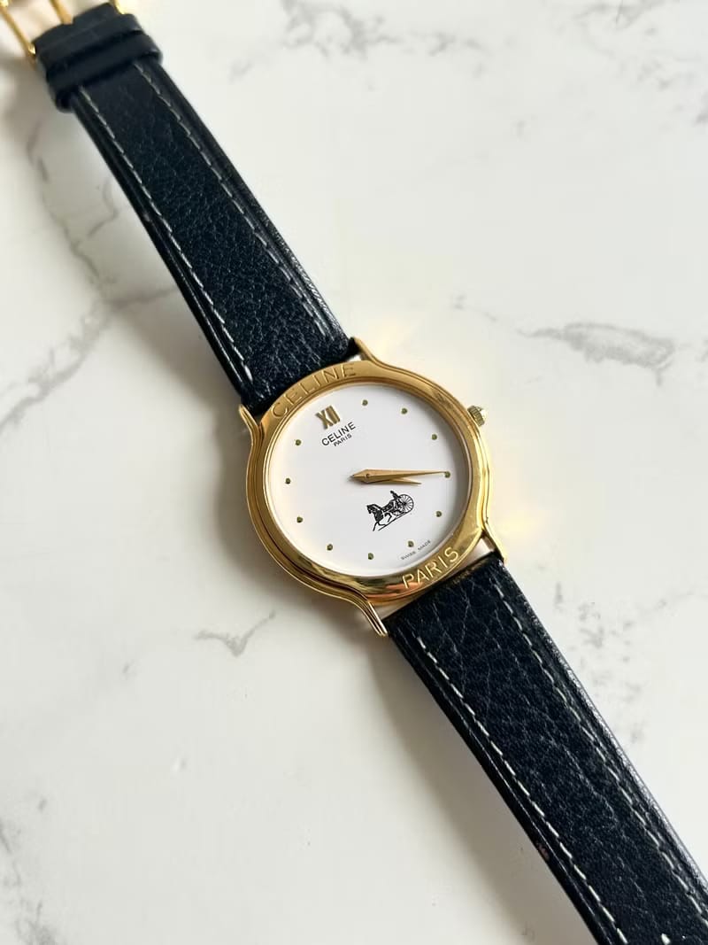 Celine黑金凱旋門皮革帶二手男女裝手錶/腕錶