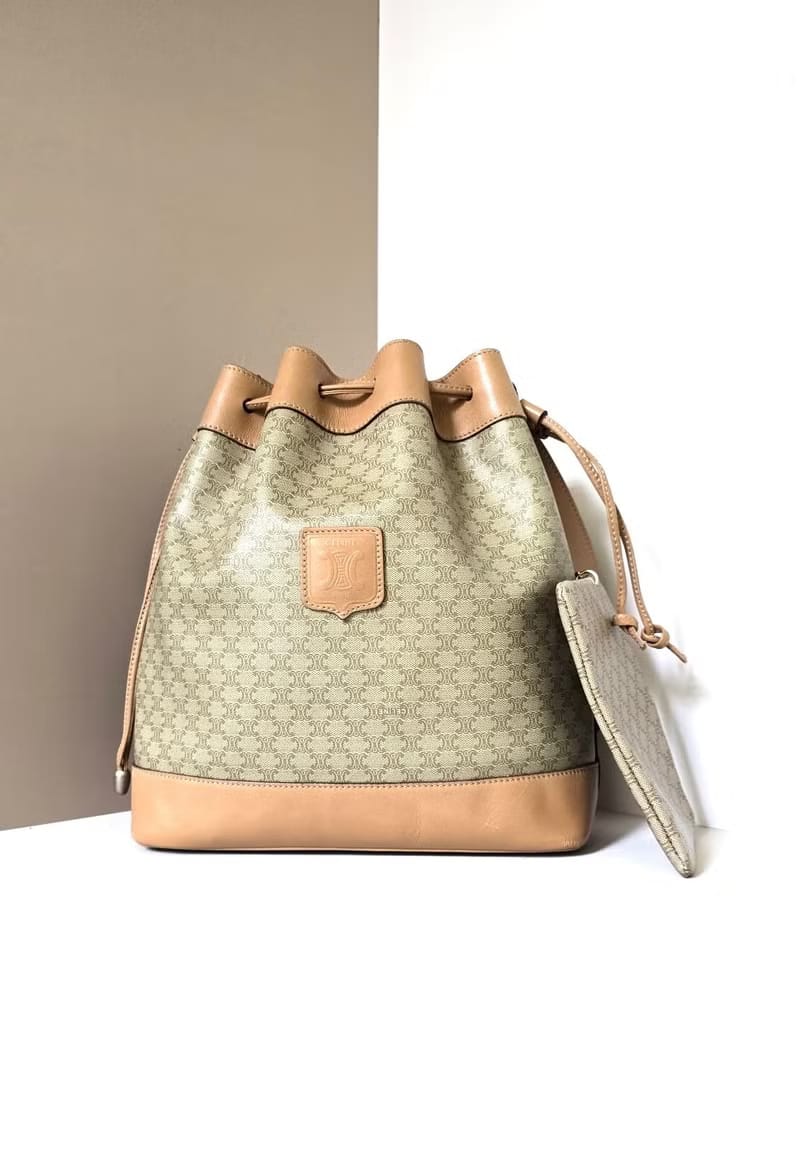 Celine米駝色老花中古水桶包/單肩包/斜背包