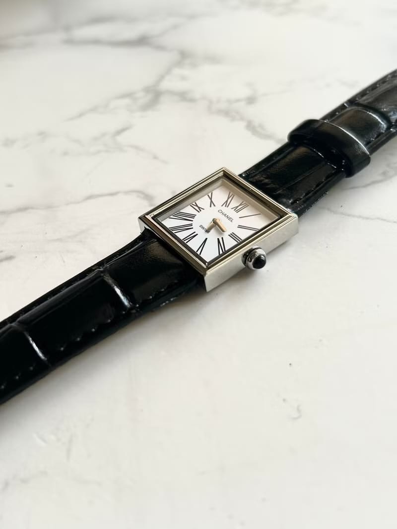 Chanel Mademoiselle Rare Black and Silver White Dial Roman Numeral Vintage Watch