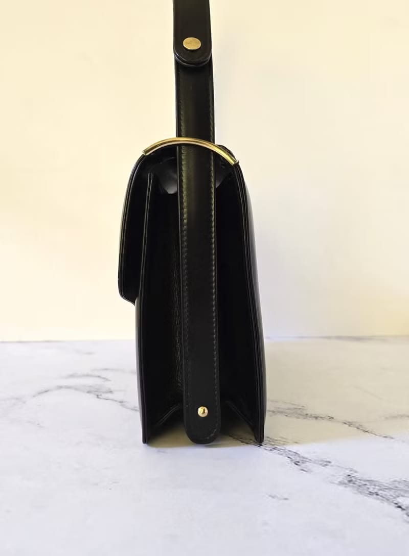 Rare Celine Black and Gold Oval Horse Carriage Two-Way Accordion Bag/Shoulder Bag/Crossbody Bag