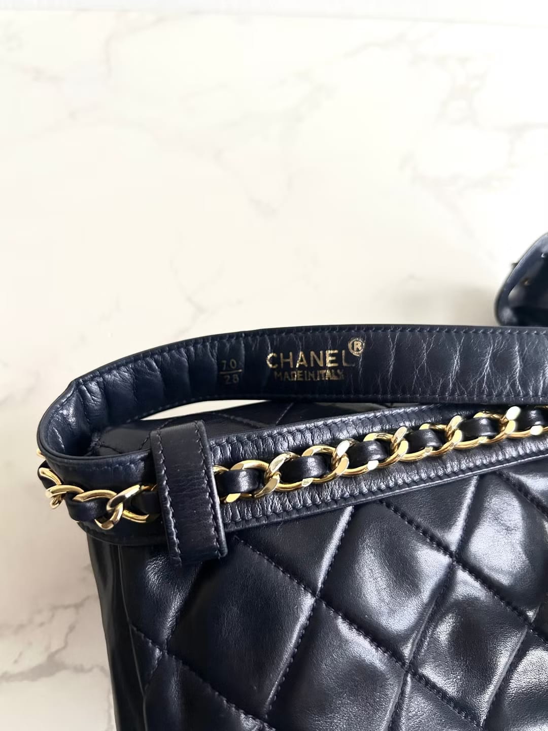 Chanel黑藍色金扣單肩包/腰帶包/古董包/側背包