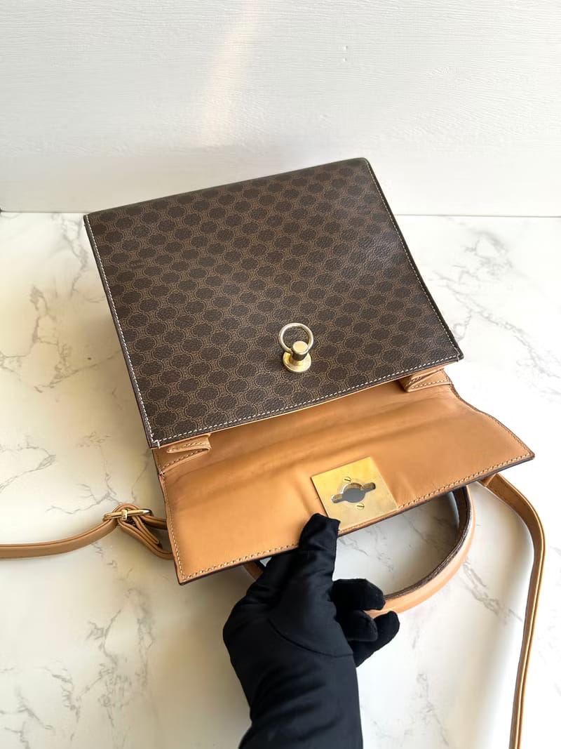 Celine咖啡色老花小號凱莉斜背包/單肩包/側背包