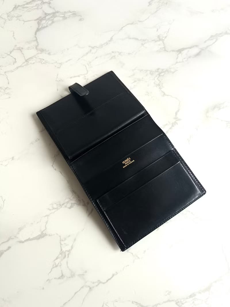 Hermes Saumur Diane復古黑色金扣皮革古董短夾錢包