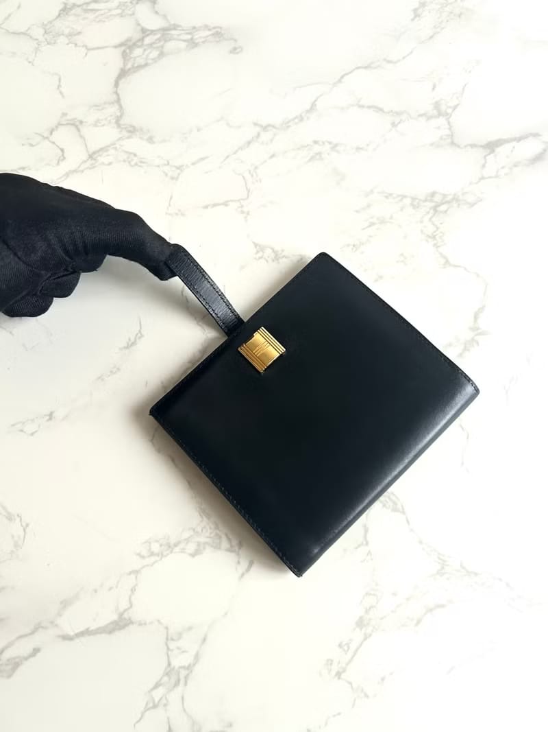 Hermes Saumur Diane復古黑色金扣皮革古董短夾錢包