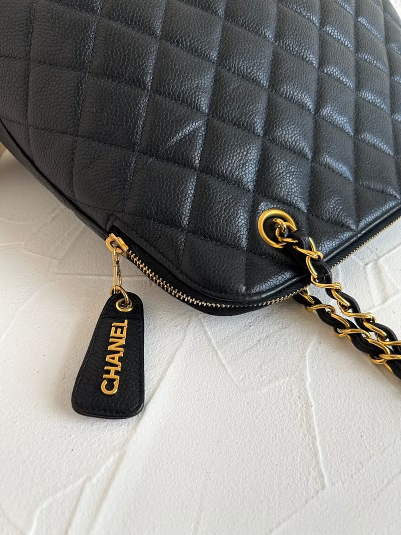 稀有中古二手Chanel黑色貝殼魚子醬皮革金色鏈條托特包/單肩包/側背包