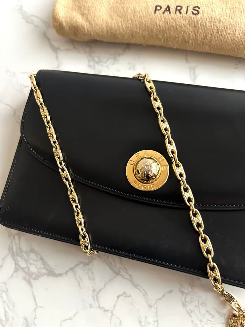 Celine Rare Black Big Planet Triomphe Bag with Triomphe Gold Chain/Shoulder Bag/Crossbody Bag
