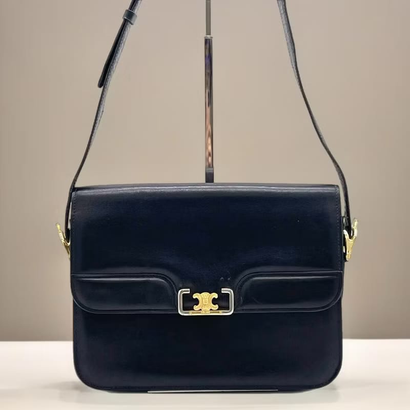 Celine Black and Gold Triomphe Flap Bag/Shoulder Bag