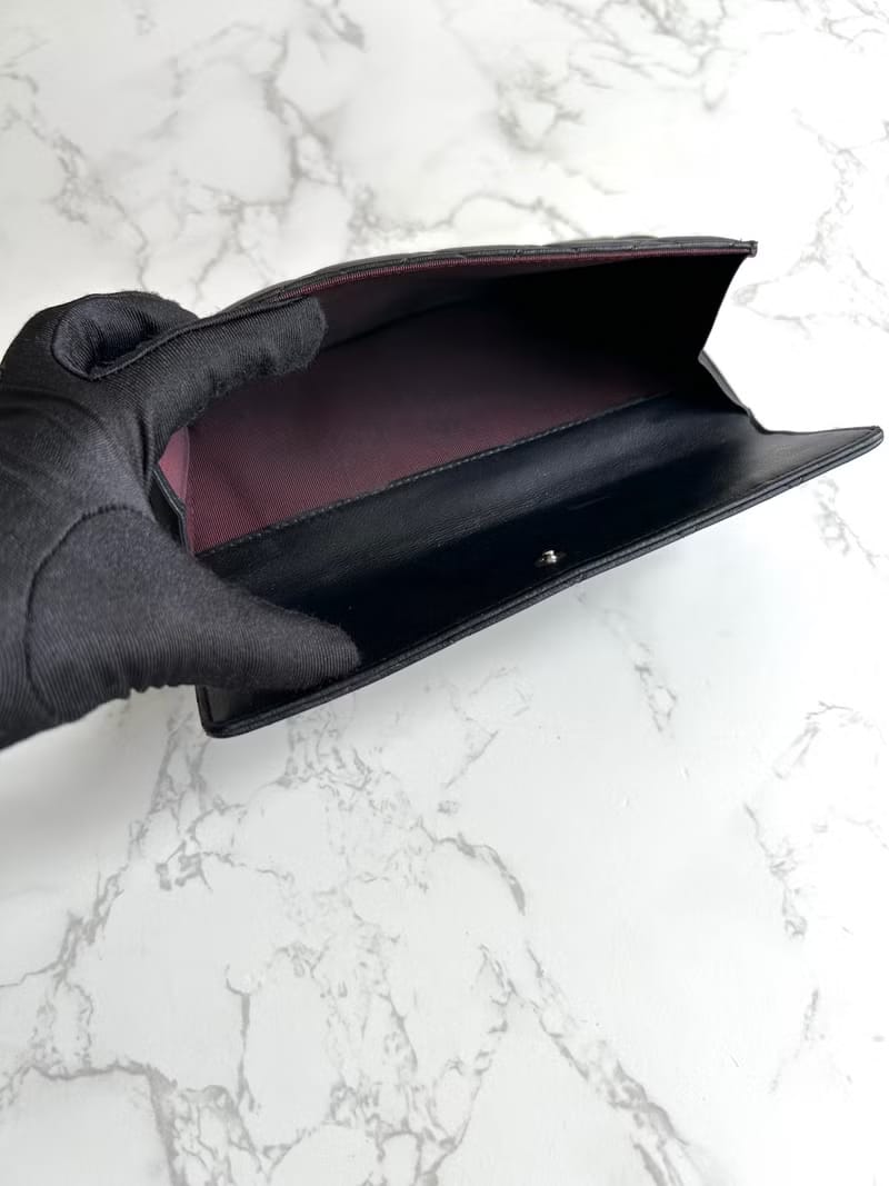 Chanel Black and Silver Lambskin Matelassé Long Wallet